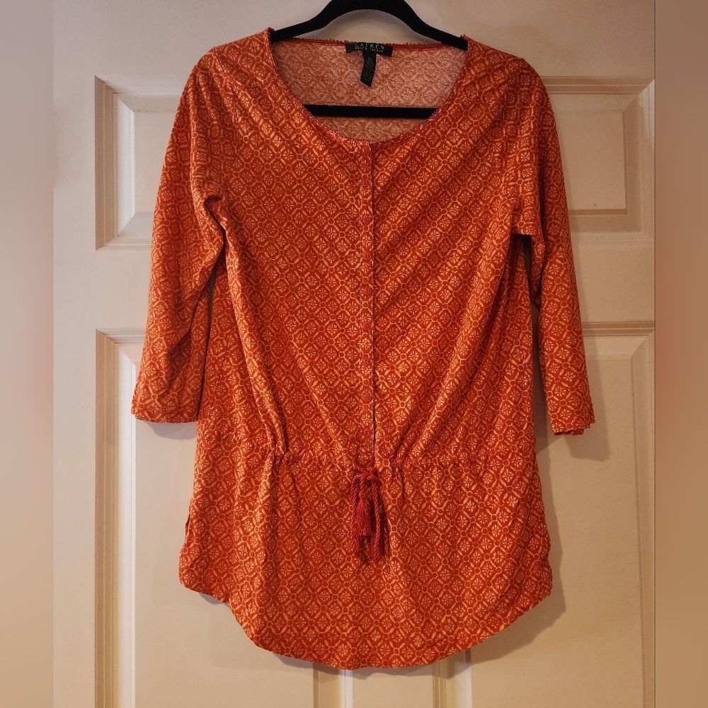 Lauren Ralph Lauren orange adjustable cinch waist 3/4 sleeve top M